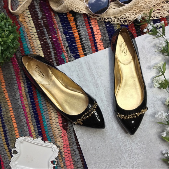 Coach Shoes - Coach Black Pointy Toe Flats w/ Gold Chain